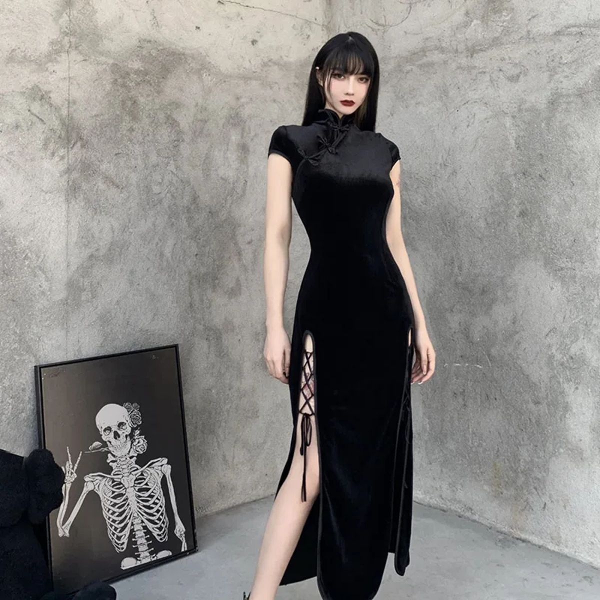 Elegant Velvet Gothic Aesthetic Ankle-Length Bandage Bodycon Dress