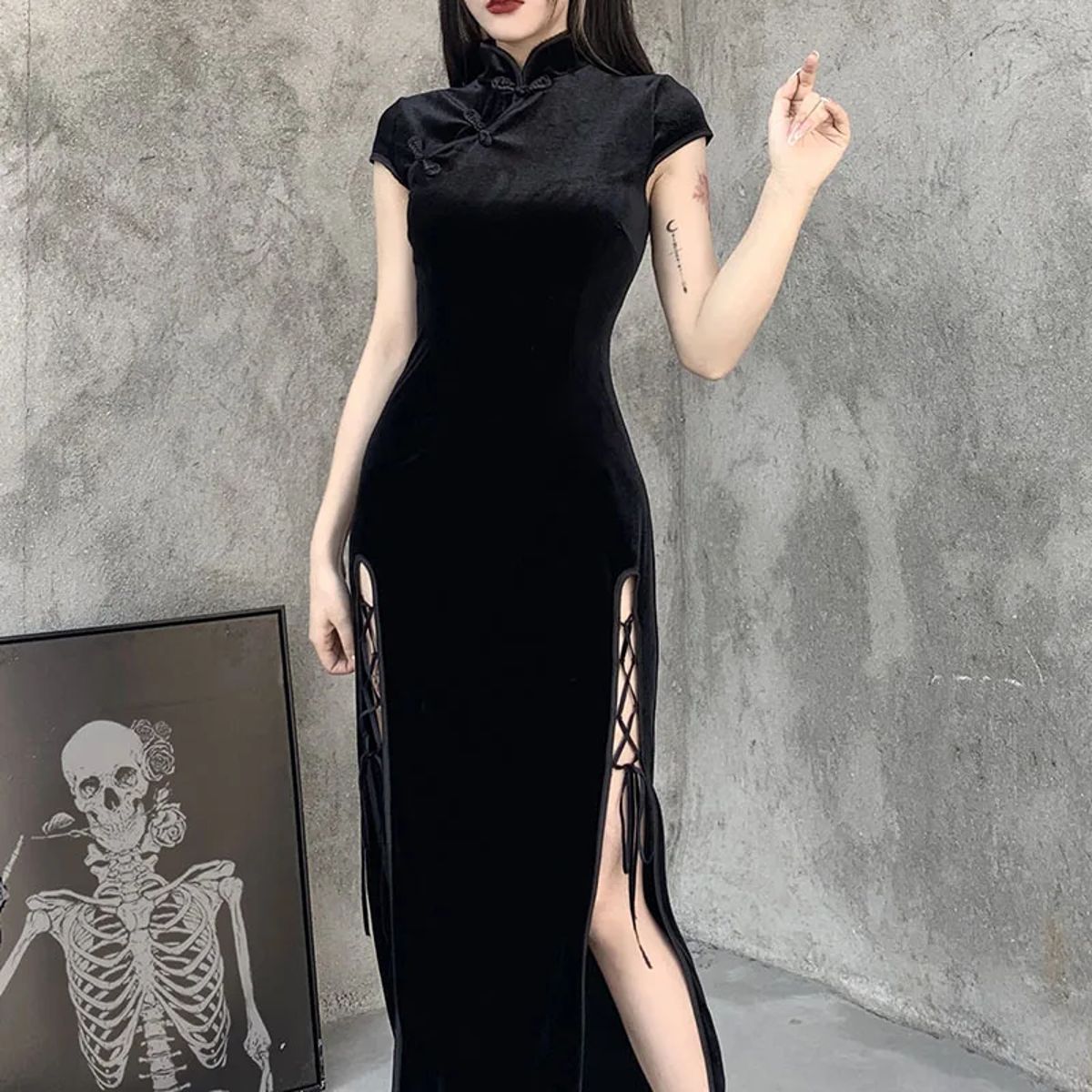 Elegant Velvet Gothic Aesthetic Ankle-Length Bandage Bodycon Dress