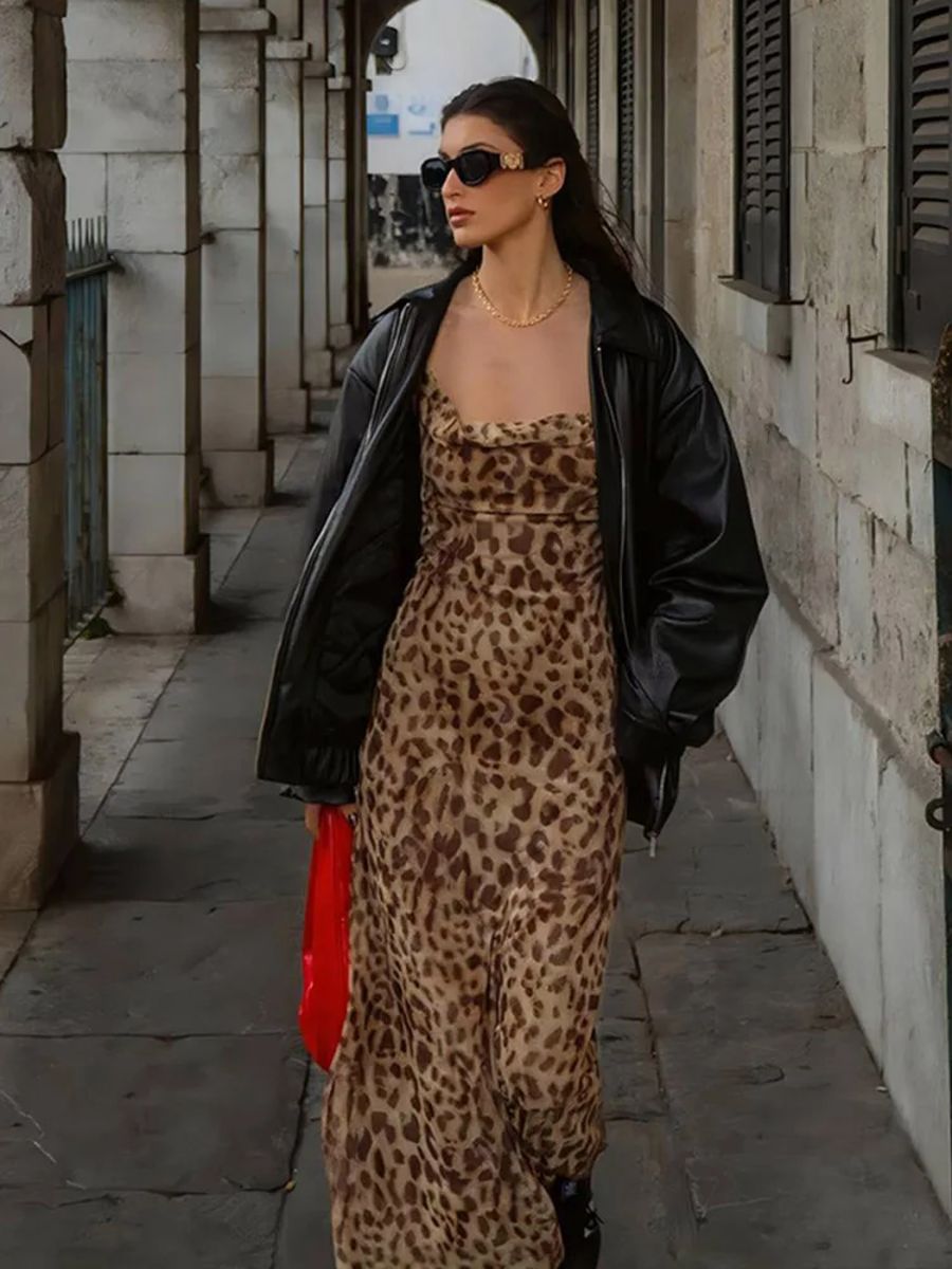 Leopard Print Sleeveless Backless Chiffon Maxi Dress for Women