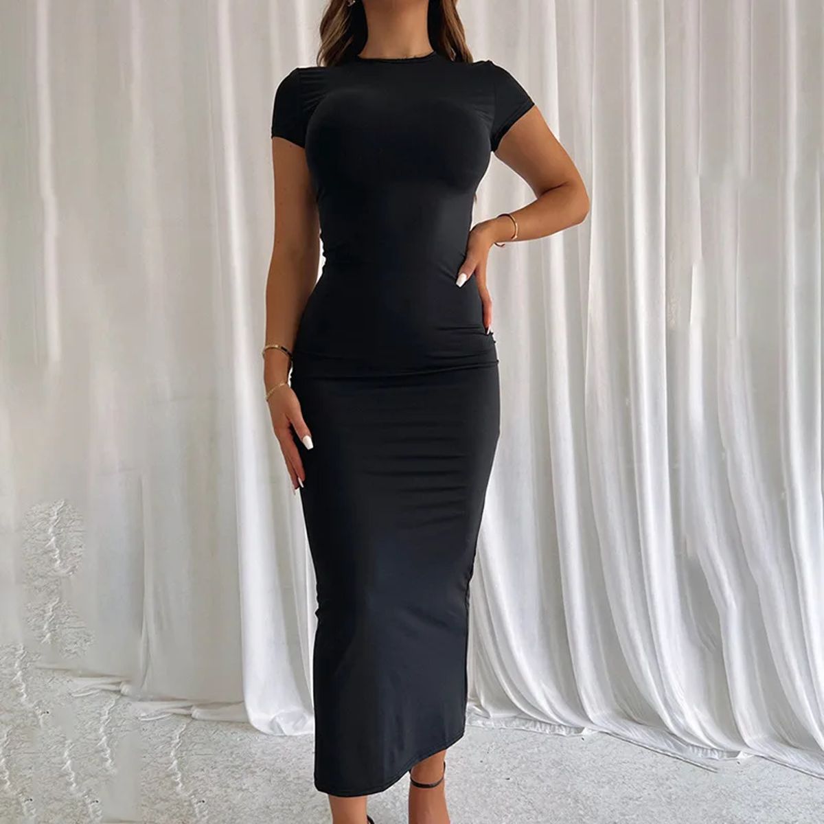 Elegant Slim Fit Ankle-Length Short Sleeve Casual Dress