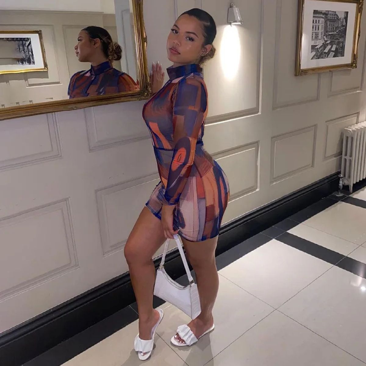 Trendy Tie-Dye Mini Dress with High Neck and Sashes Trendy Tie-Dye Mini Dress with High Neck and Sashes