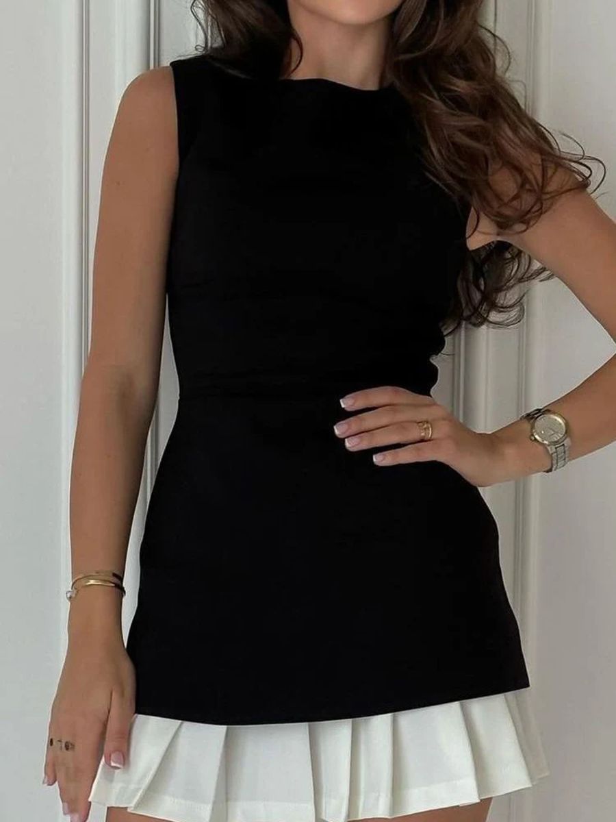 Elegant Patchwork Pleated Mini Dress for Sophisticated Women