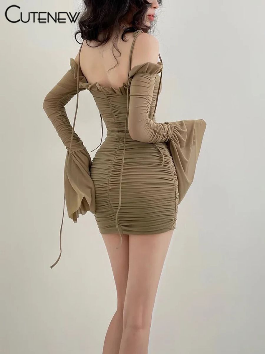 Elegant Lace-Up Mesh Pleated Mini Dress for Women Elegant Lace-Up Mesh Pleated Mini Dress for Women