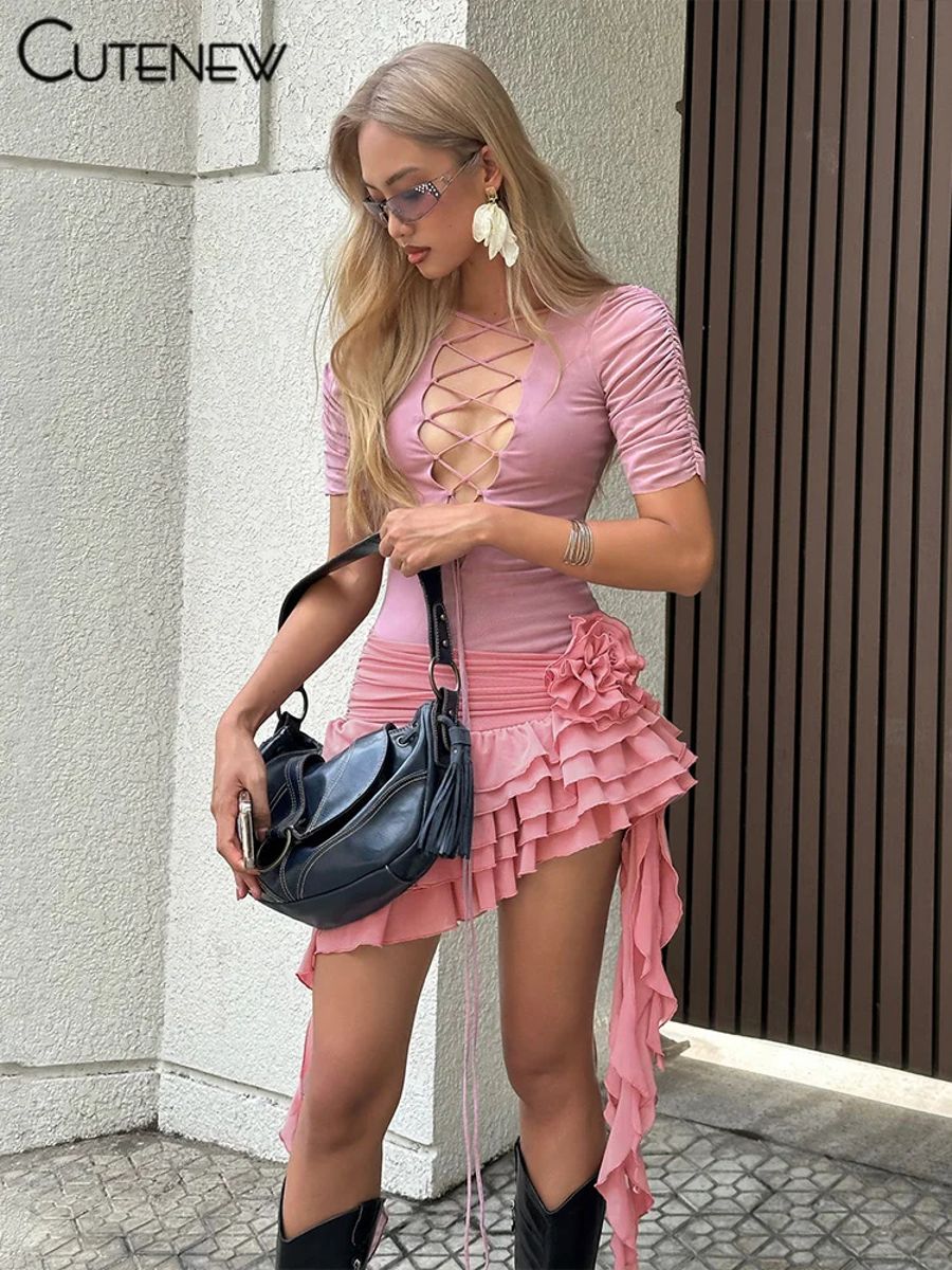Trendy Ruffle Mini Dress with Tassel Detail and Drawstring Cutenew - Women's Mini Dresses 4