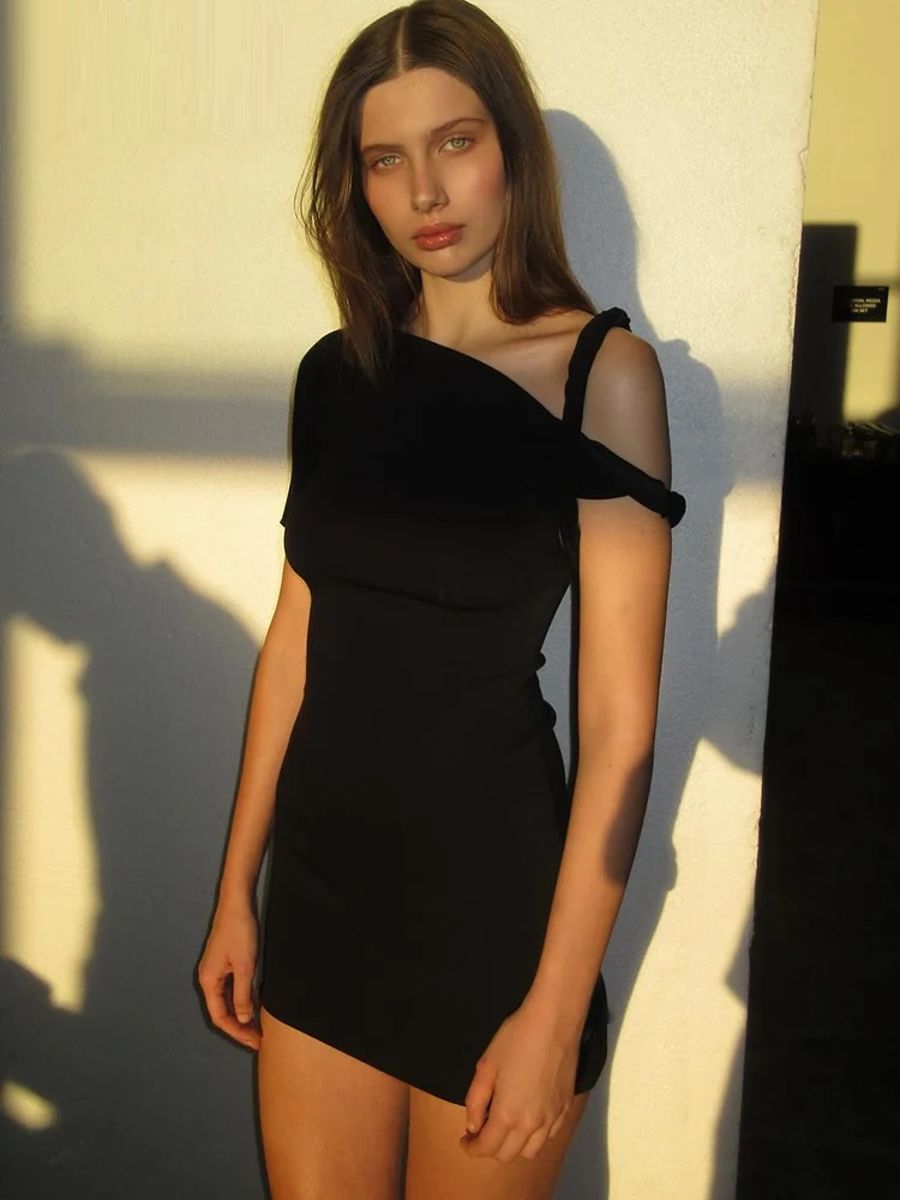 Asymmetrical Mini Dress with Diagonal Collar for Summer Parties Asymmetrical Mini Dress with Diagonal Collar for Summer Parties