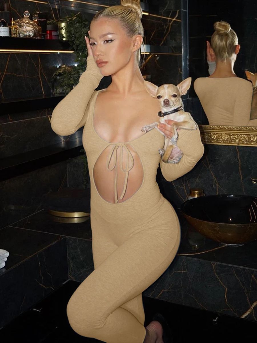 Elegant Hollow-Out Lace-Up Long Sleeve Jumpsuit for Women