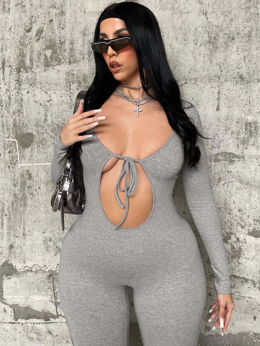 Stylish Solid Hollow Design Lace-Up Jumpsuit for Women