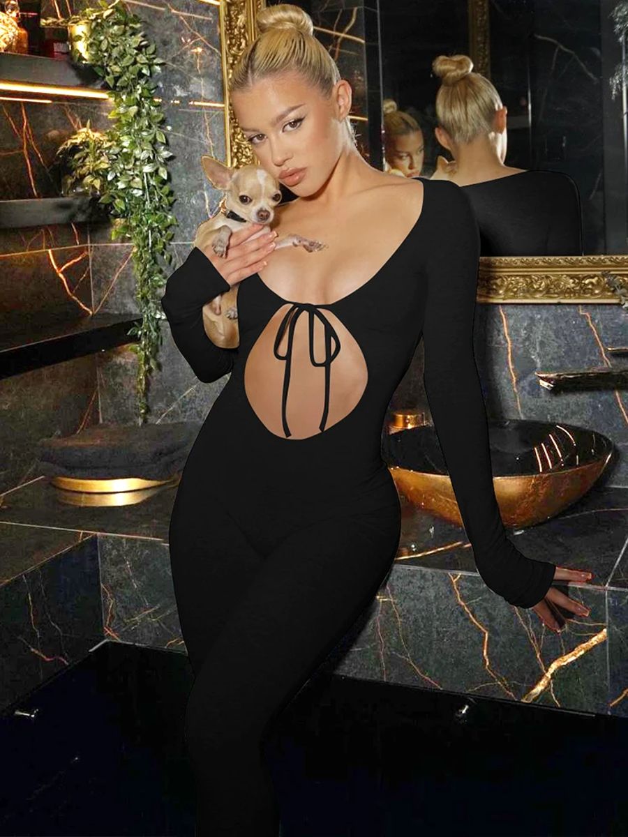 Chic Ankle-Length Jumpsuit with Hollow Straps & Lace-Up