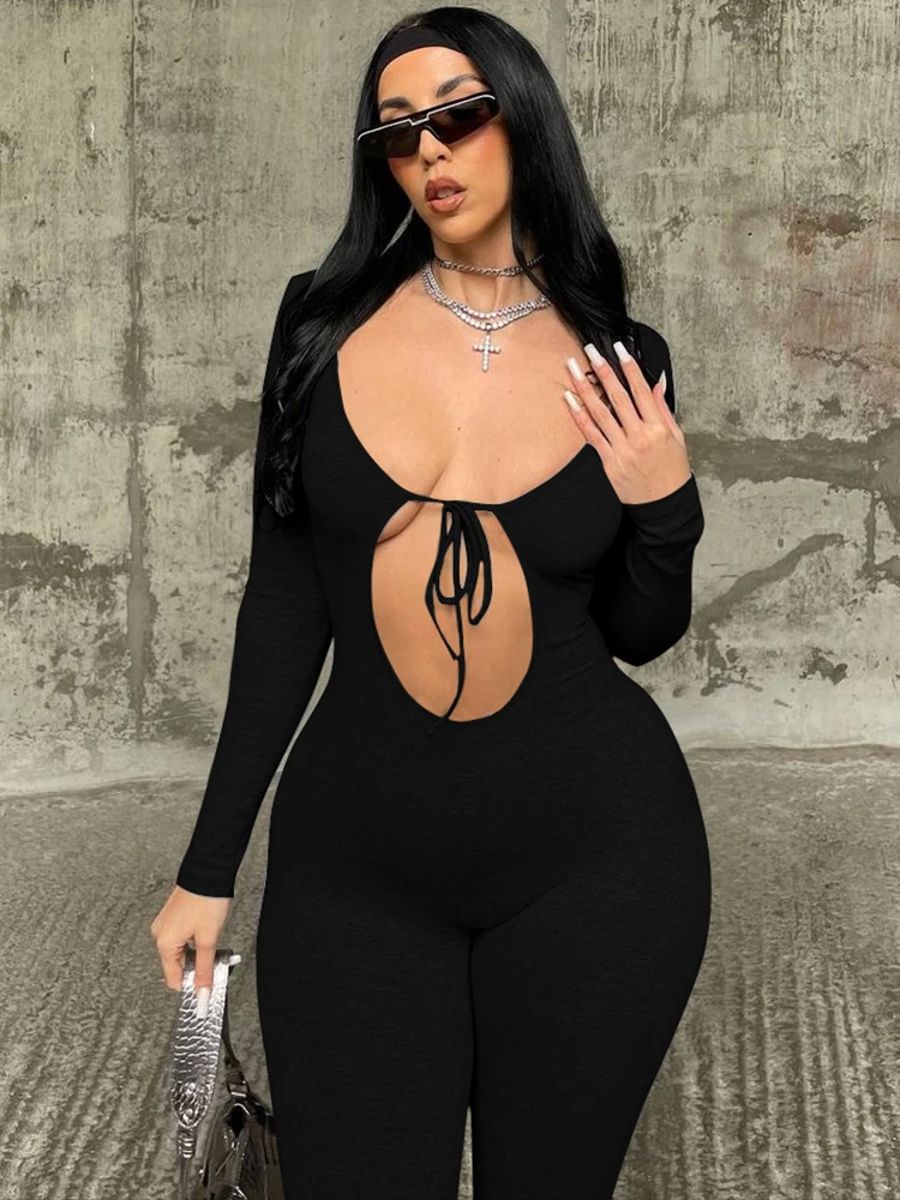 Chic Ankle-Length Jumpsuit with Hollow Straps & Lace-Up
