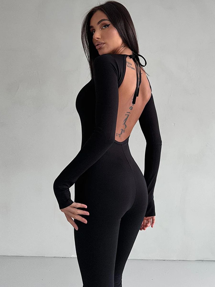 Elegant Backless Jumpsuit with Long Sleeves and Bell-Bottomed Pants