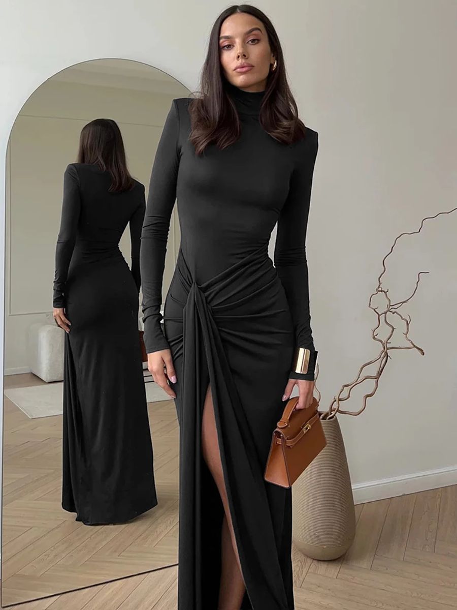 Elegant Turtleneck Bodycon Maxi Party Dress with Thigh High Split
