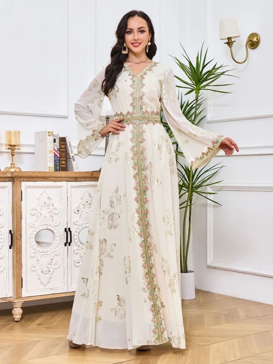 Elegant Moroccan Embroidered Party Dress with Belted Kaftan Design