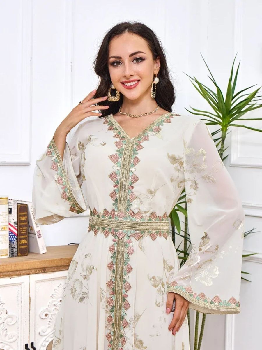 Elegant Moroccan Embroidered Party Dress with Belted Kaftan Design