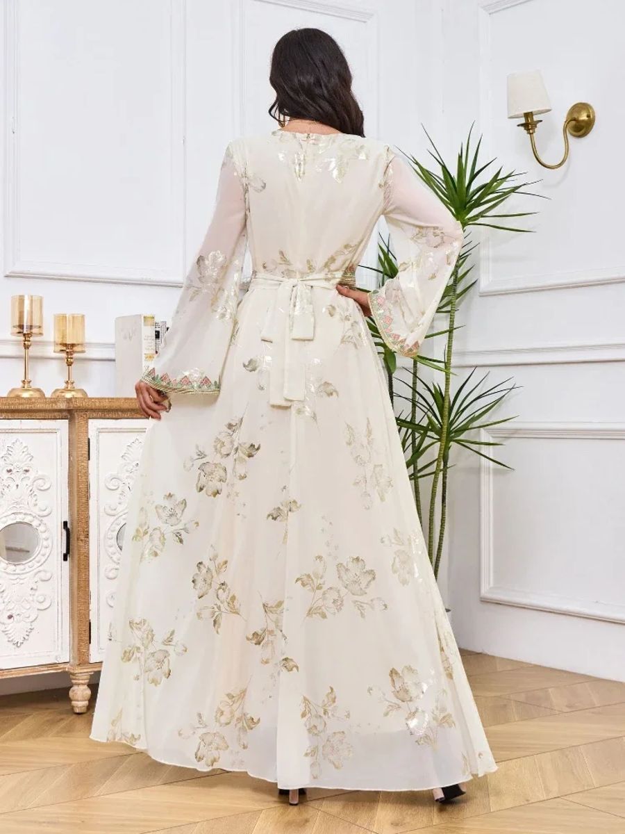 Elegant Moroccan Embroidered Party Dress with Belted Kaftan Design
