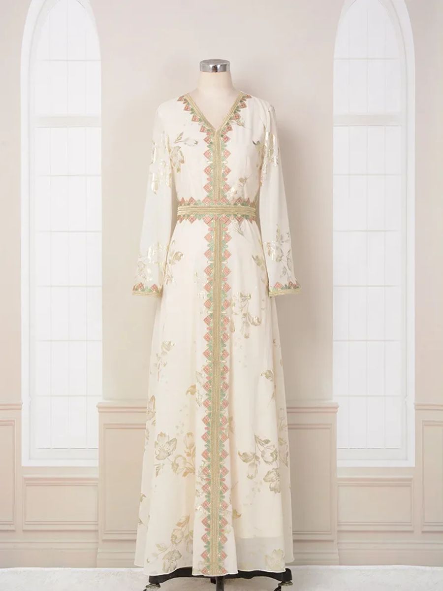 Elegant Moroccan Embroidered Party Dress with Belted Kaftan Design