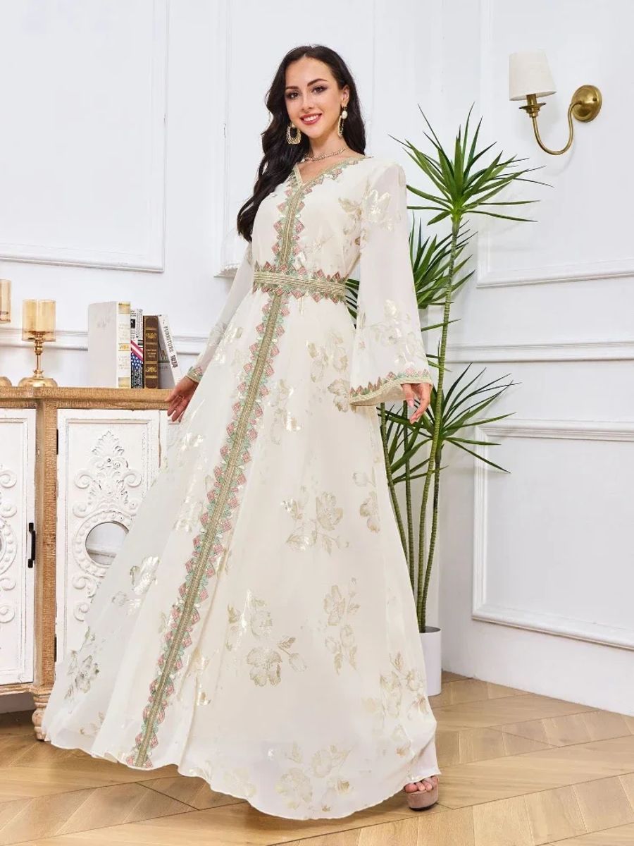 Elegant Moroccan Embroidered Party Dress with Belted Kaftan Design