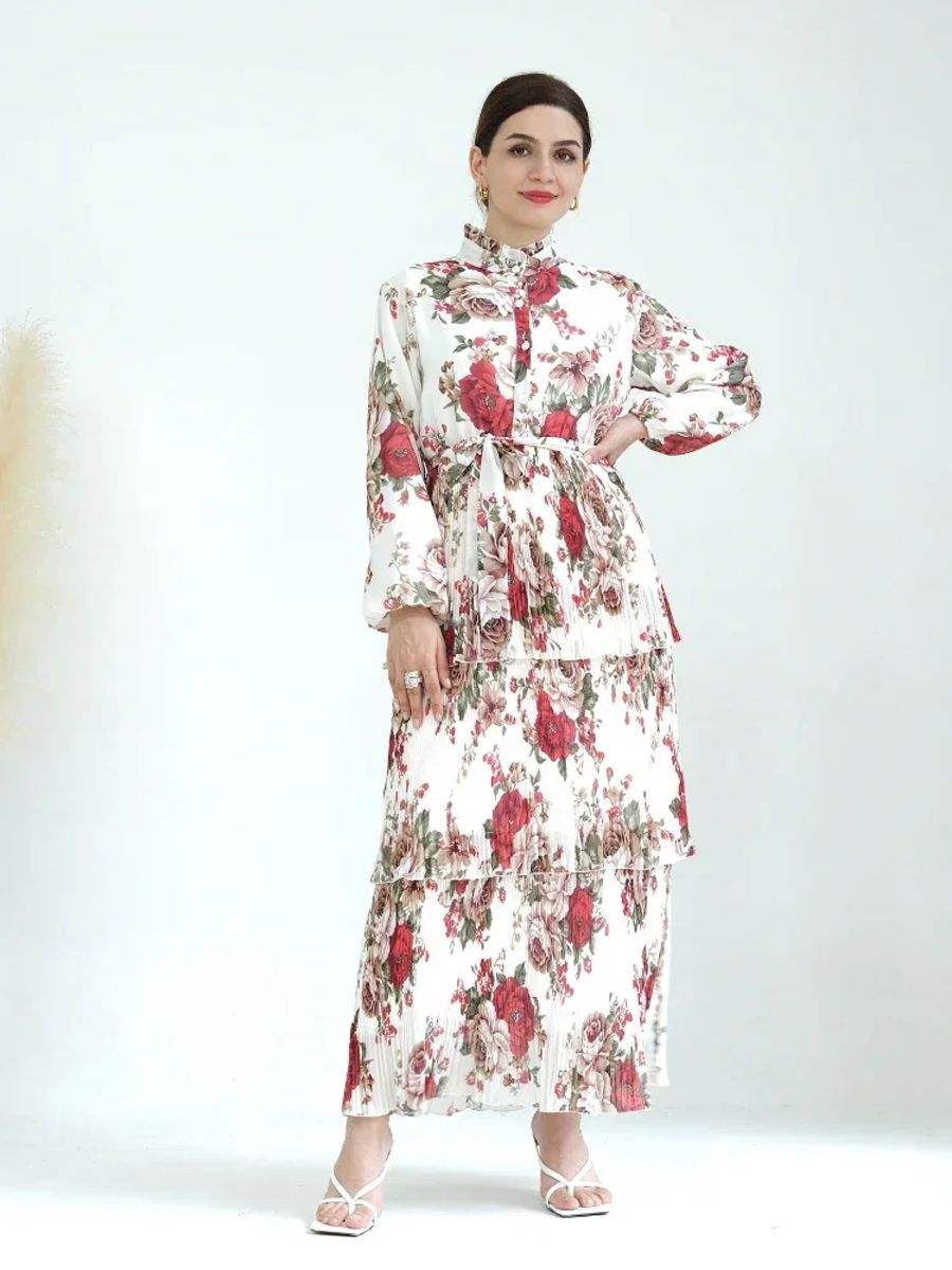 Three-Layer Pleated Floral Print Kaftan for Special Events