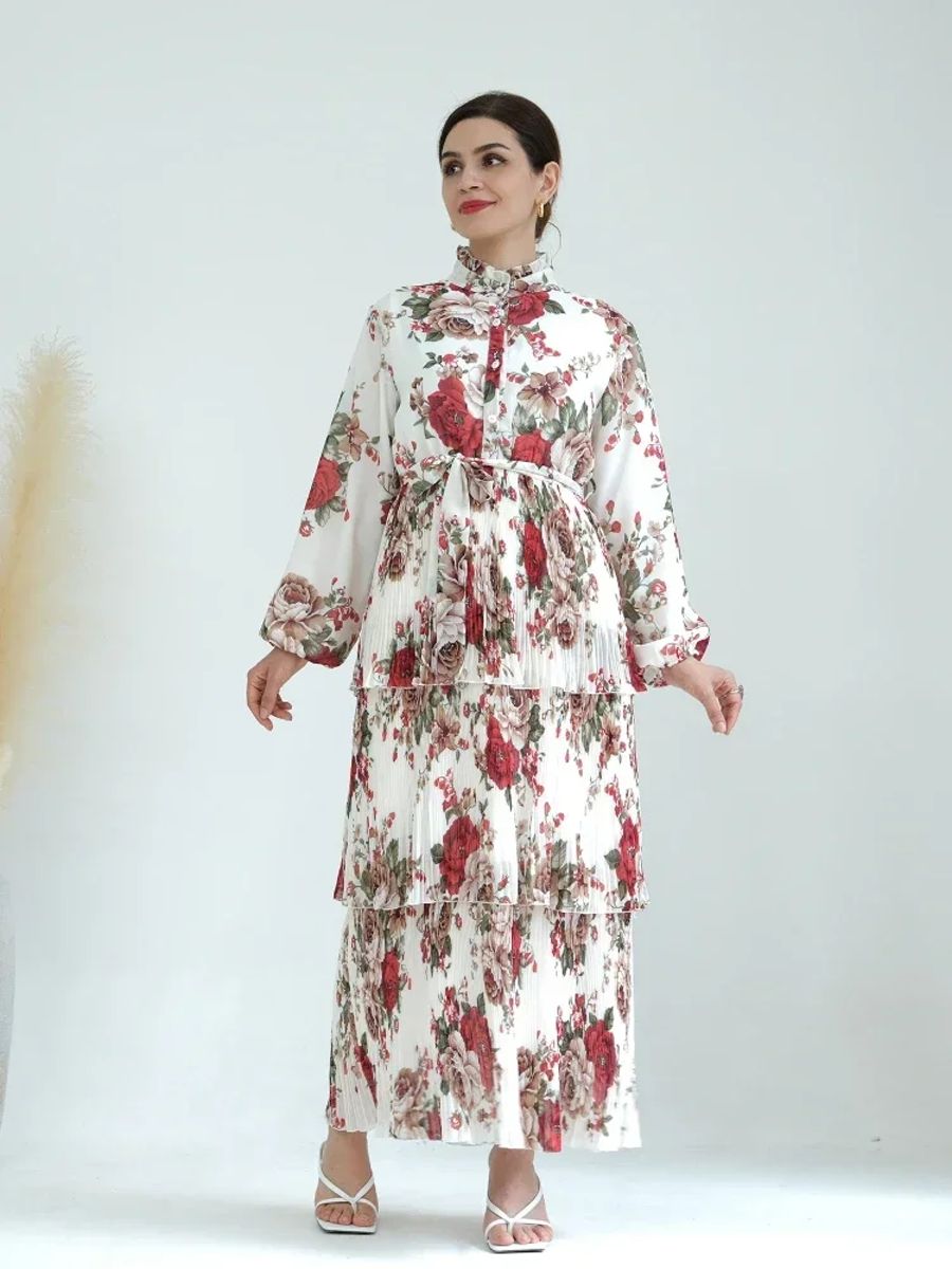 Three-Layer Pleated Floral Print Kaftan for Special Events