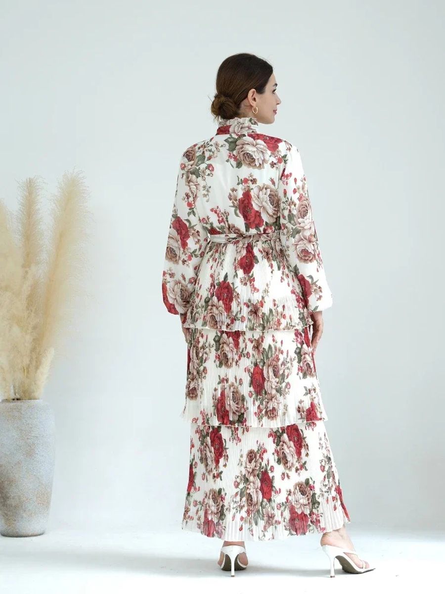 Three-Layer Pleated Floral Print Kaftan for Special Events
