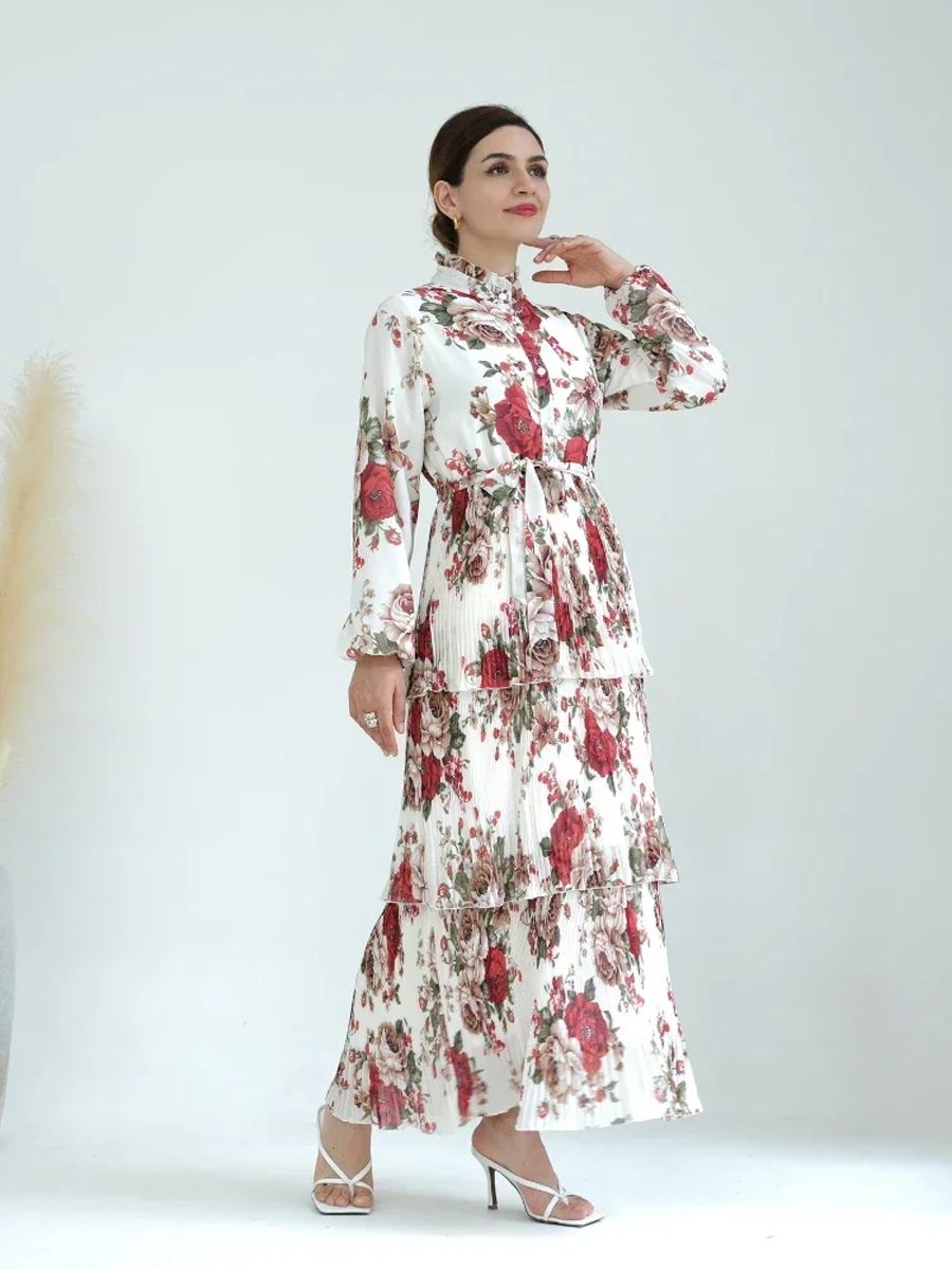 Three-Layer Pleated Floral Print Kaftan for Special Events