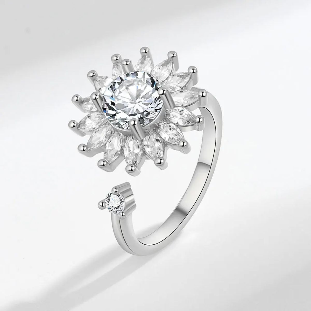 925 Sterling Sunflower Rotatable Zircon Ring for Women Ventfille - Women's Rings