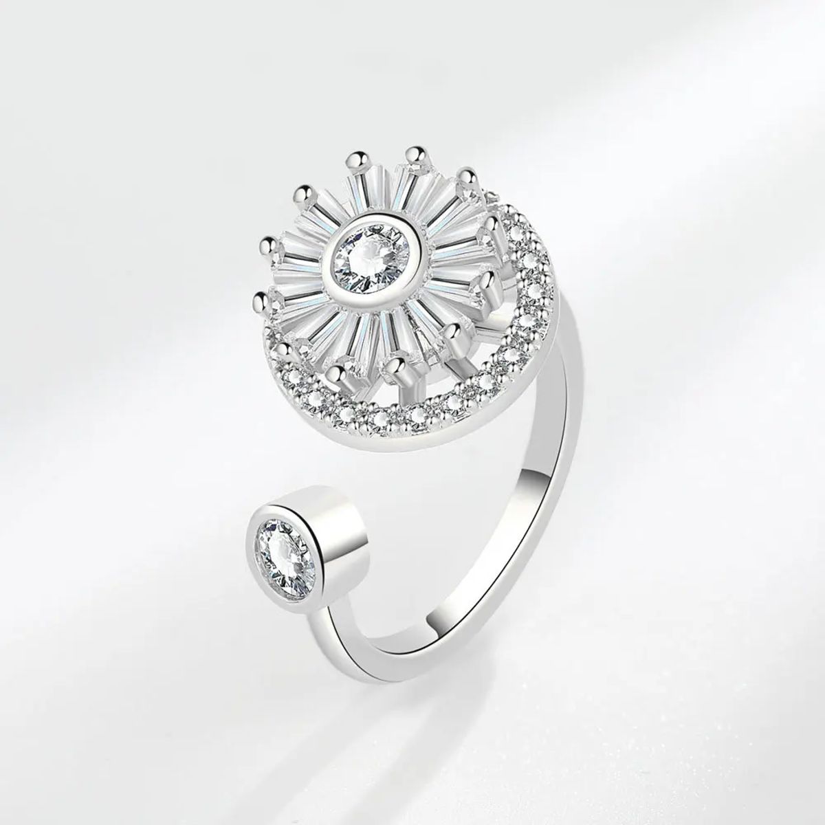 Elegant 925 Sterling Silver Sunflower Ring with Rotatable Design and Diamond Zircon Ventfille - Women's Rings