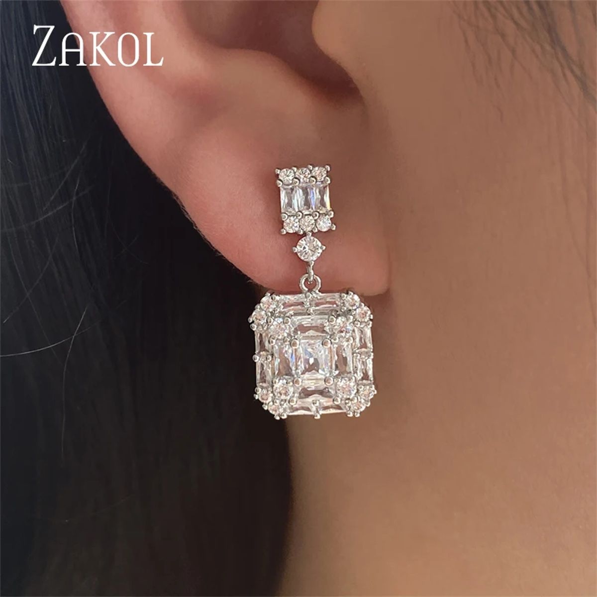 Elegant Geometric Square Cubic Zirconia Drop Earrings for Women