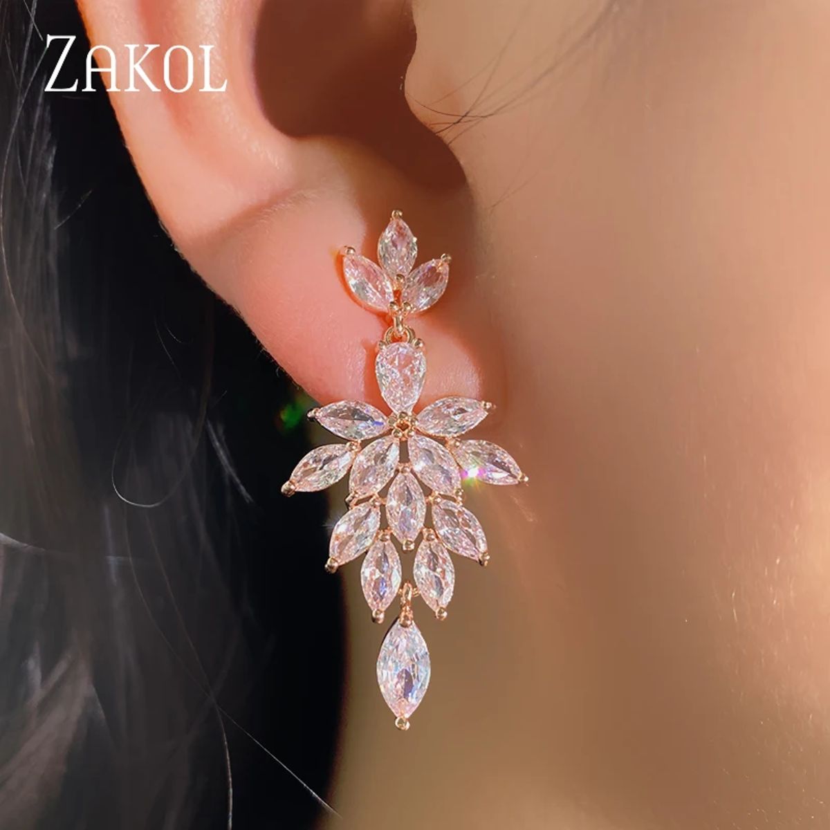 Elegant Marquise Zircon Leaf Dangle Earrings for Women