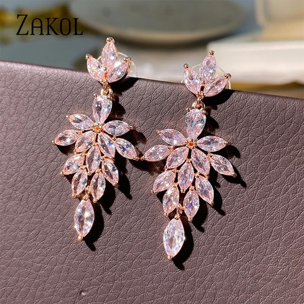 Elegant Marquise Zircon Leaf Dangle Earrings for Women