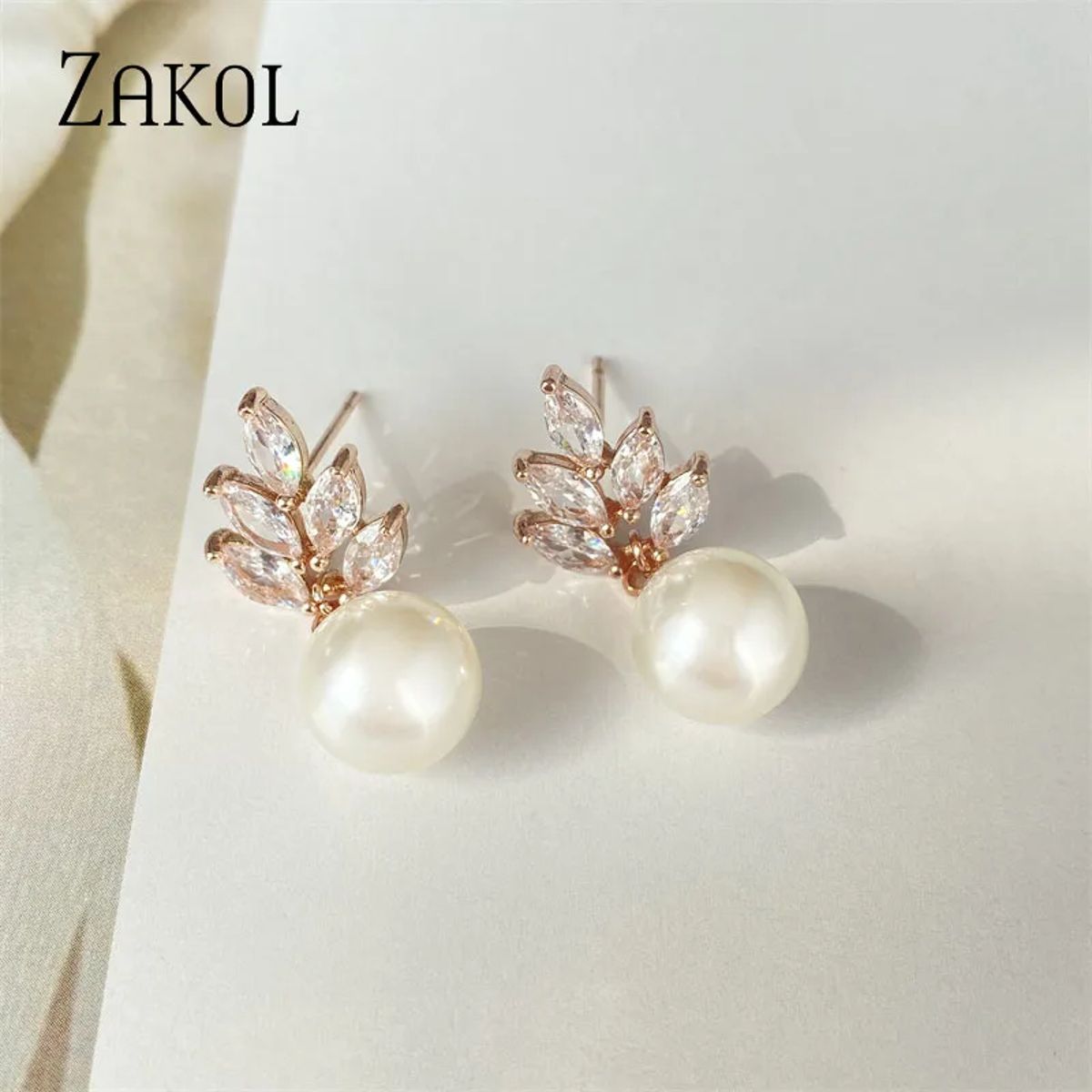 Elegant Leaf-Inspired Pearl & Zirconia Dangle Earrings for Women