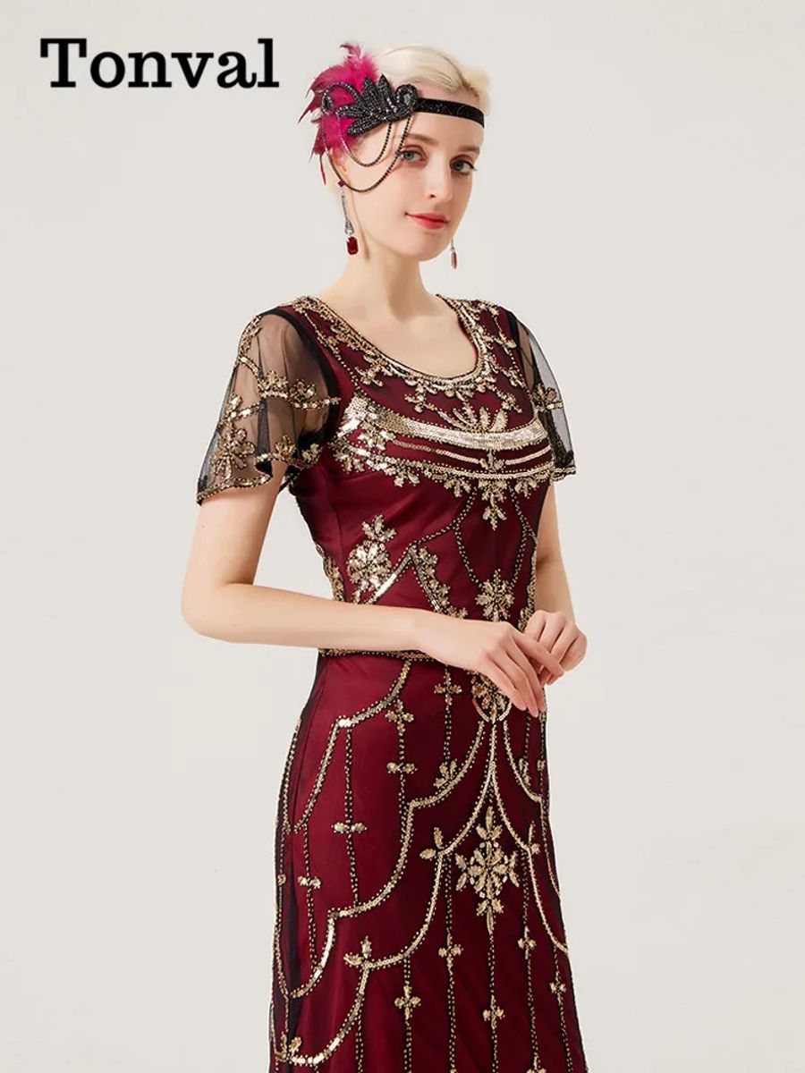 Elegant Vintage Sequin Beaded Gown with Mesh Overlay Elegant Vintage Sequin Beaded Gown with Mesh Overlay