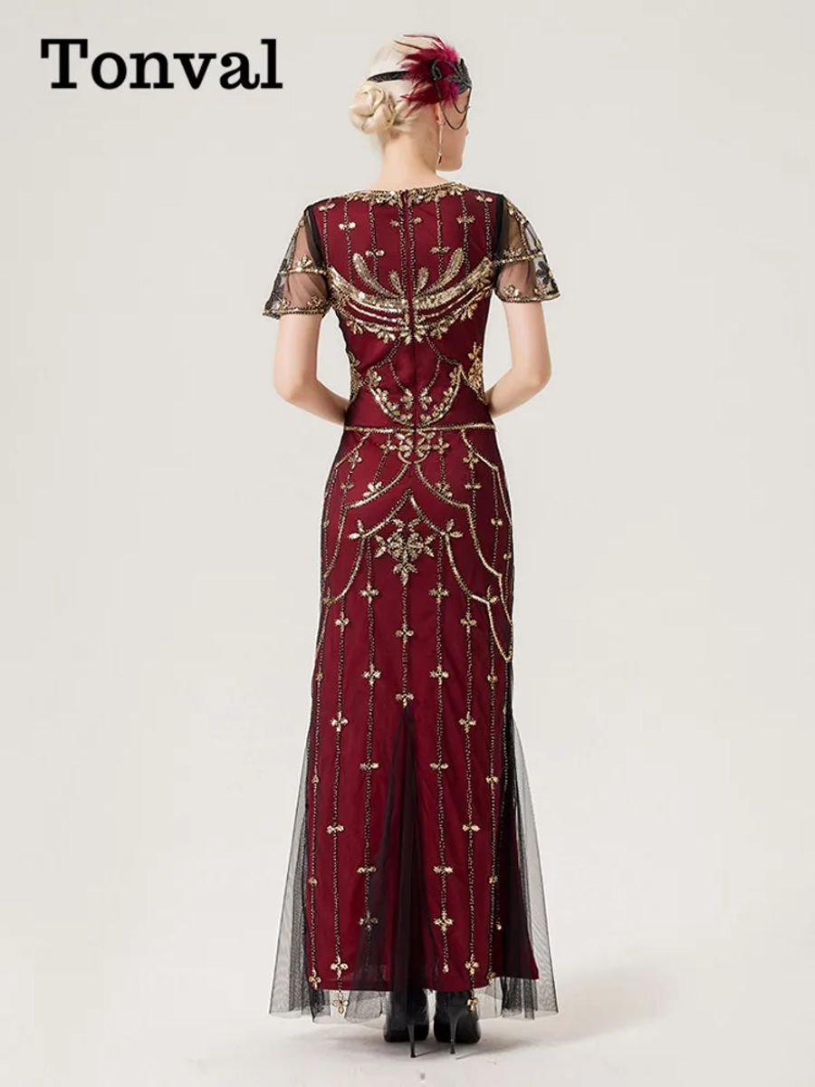 Elegant Vintage Sequin Beaded Gown with Mesh Overlay Elegant Vintage Sequin Beaded Gown with Mesh Overlay