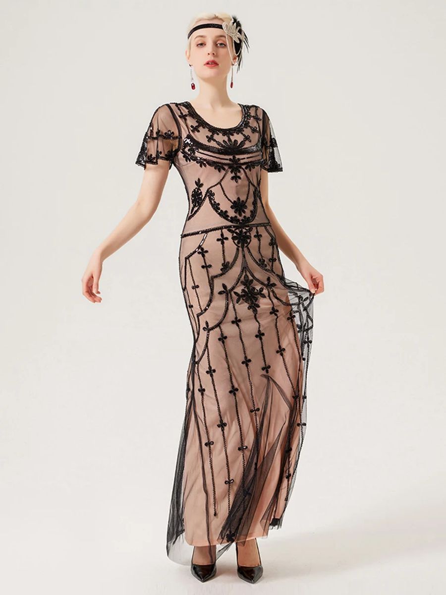 Elegant Vintage Sequin Beaded Gown with Mesh Overlay Elegant Vintage Sequin Beaded Gown with Mesh Overlay