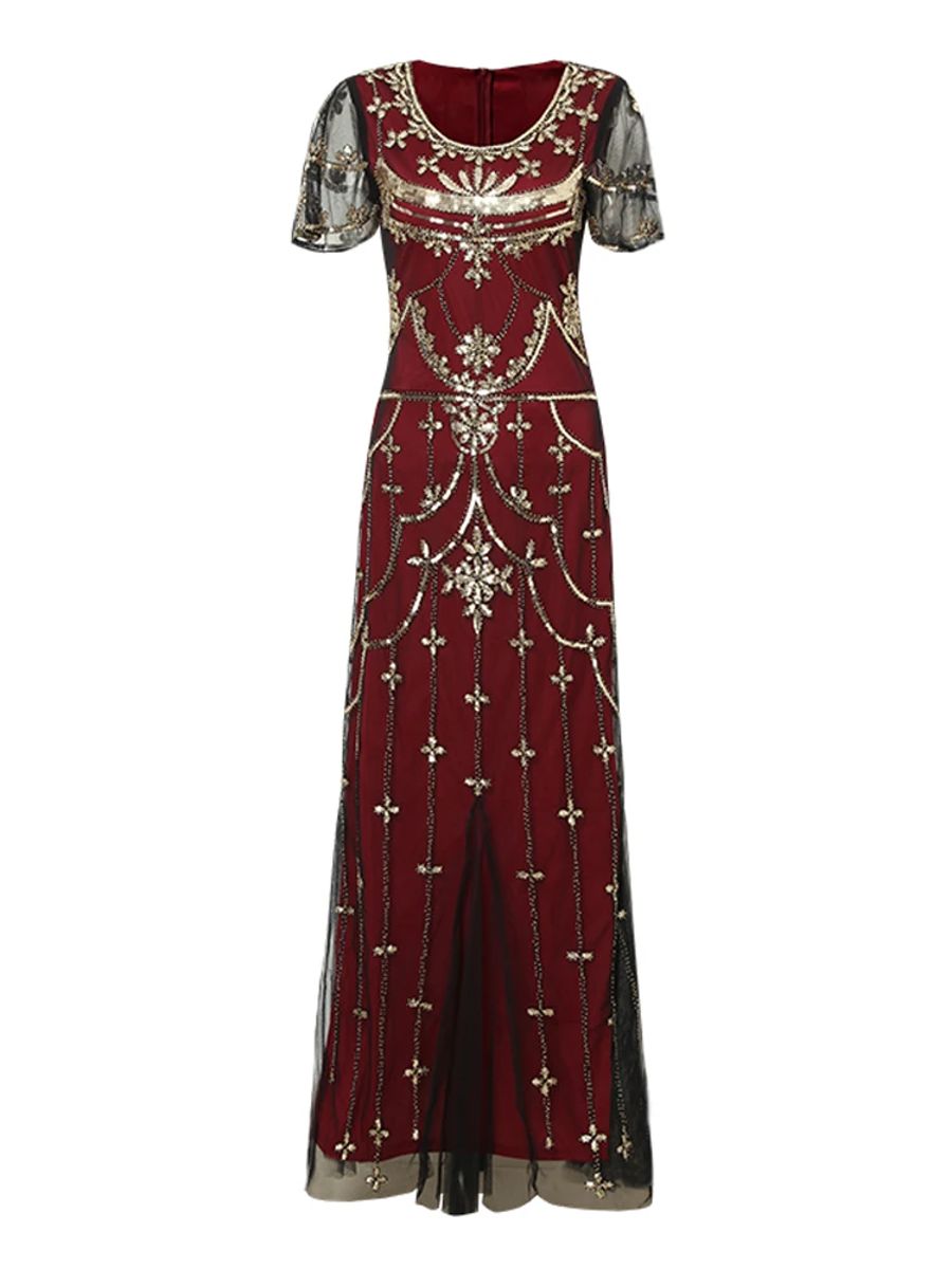Elegant Vintage Sequin Beaded Gown with Mesh Overlay