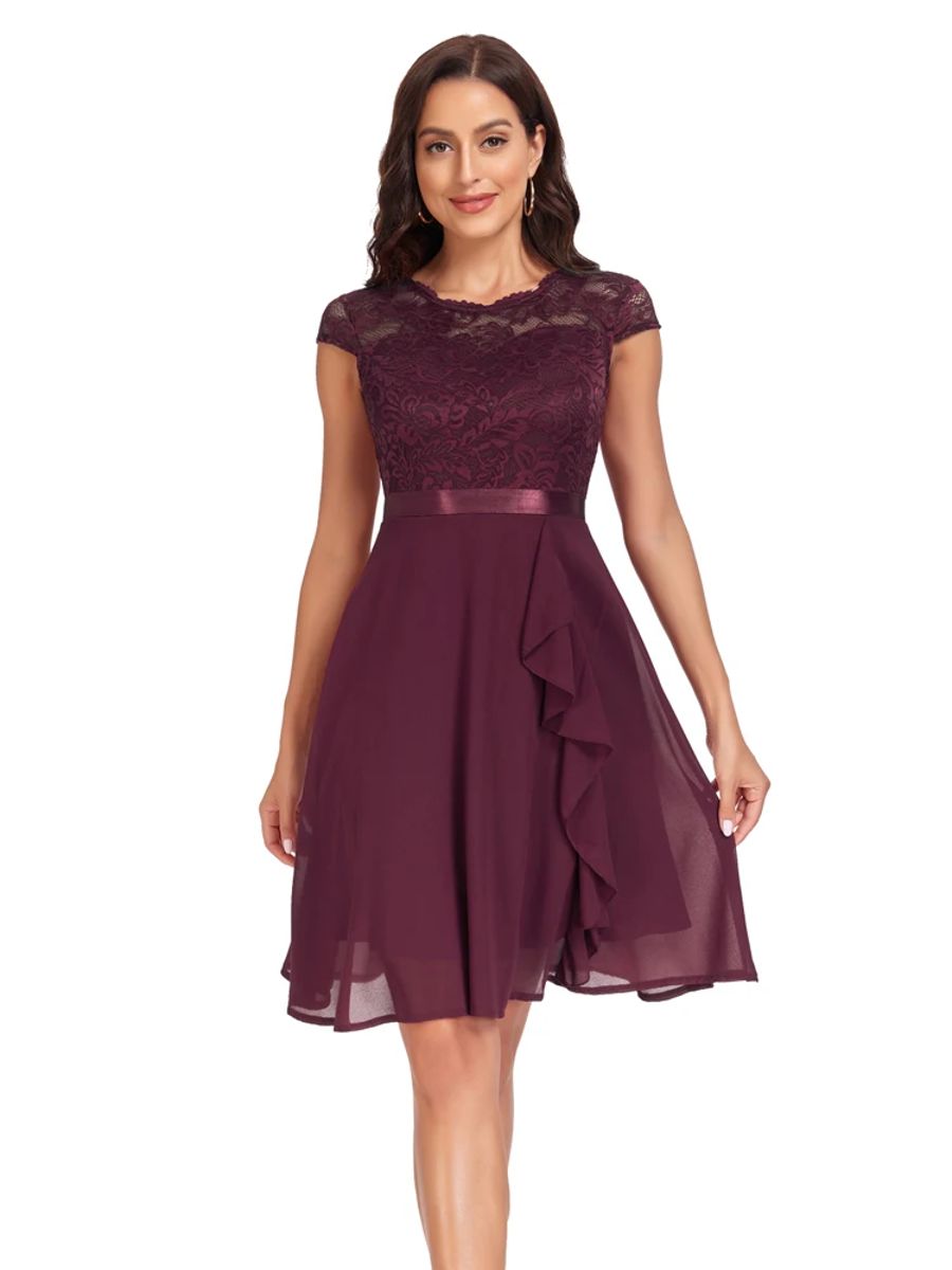 Elegant Lace and Chiffon A-Line Dress with Ruffles Tonval - Women's Midi Dresses