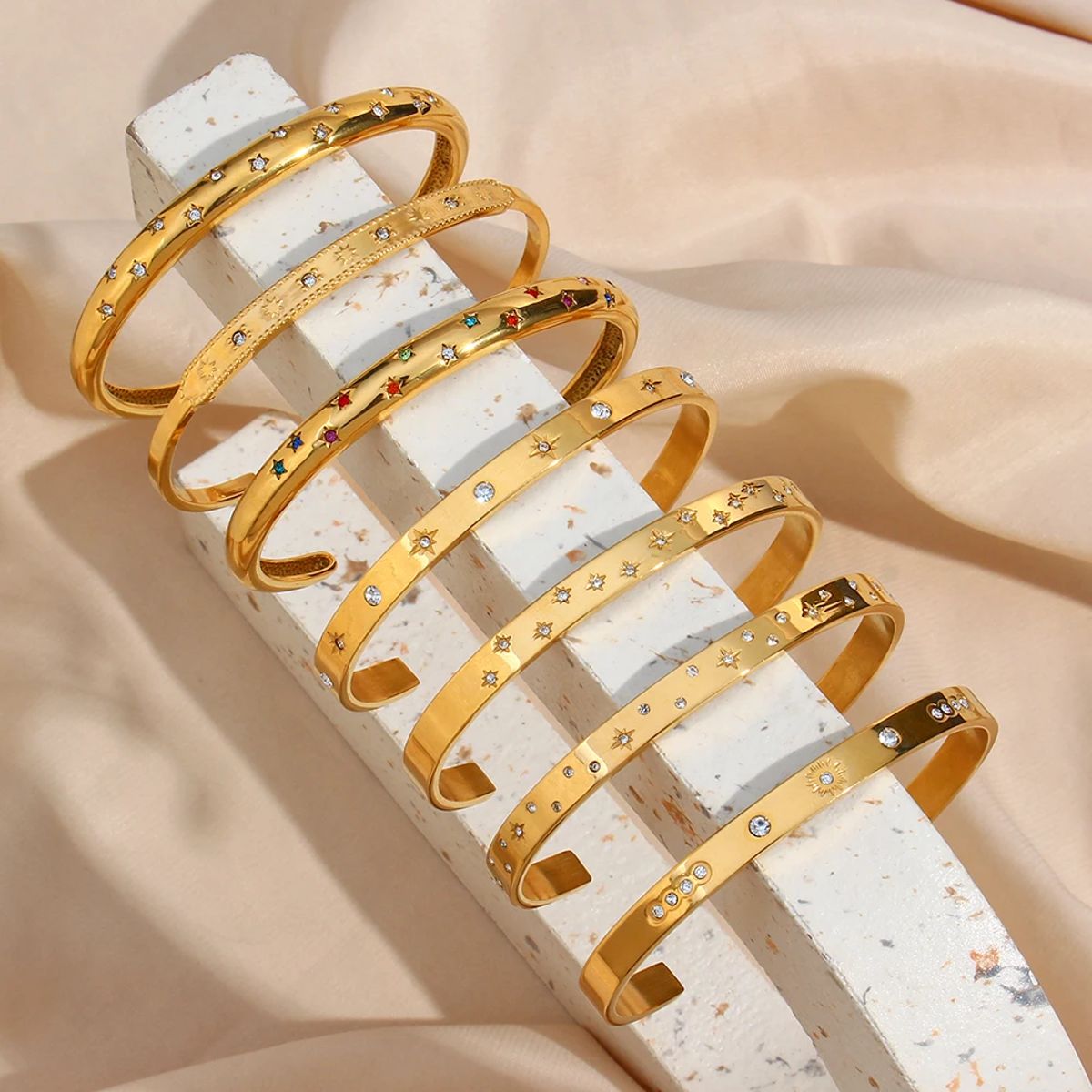 Elegant 18K Gold-Plated Crystal Star and Moon Cuff Bracelet