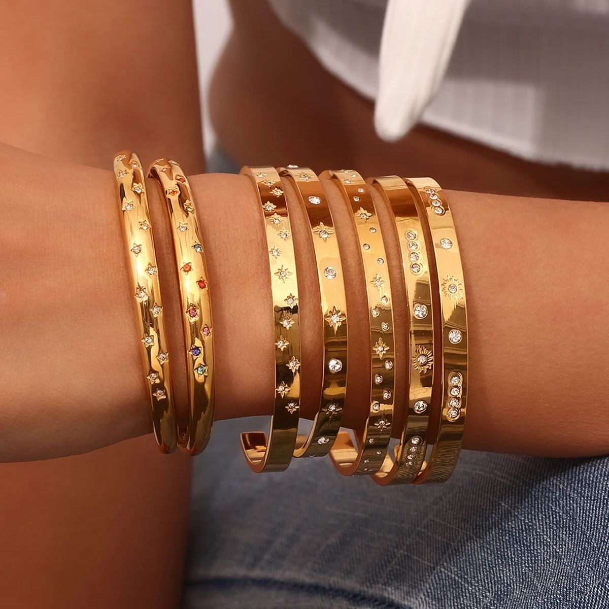 Chic 18K Gold-Plated Crystal Star Moon Cuff Bracelet
