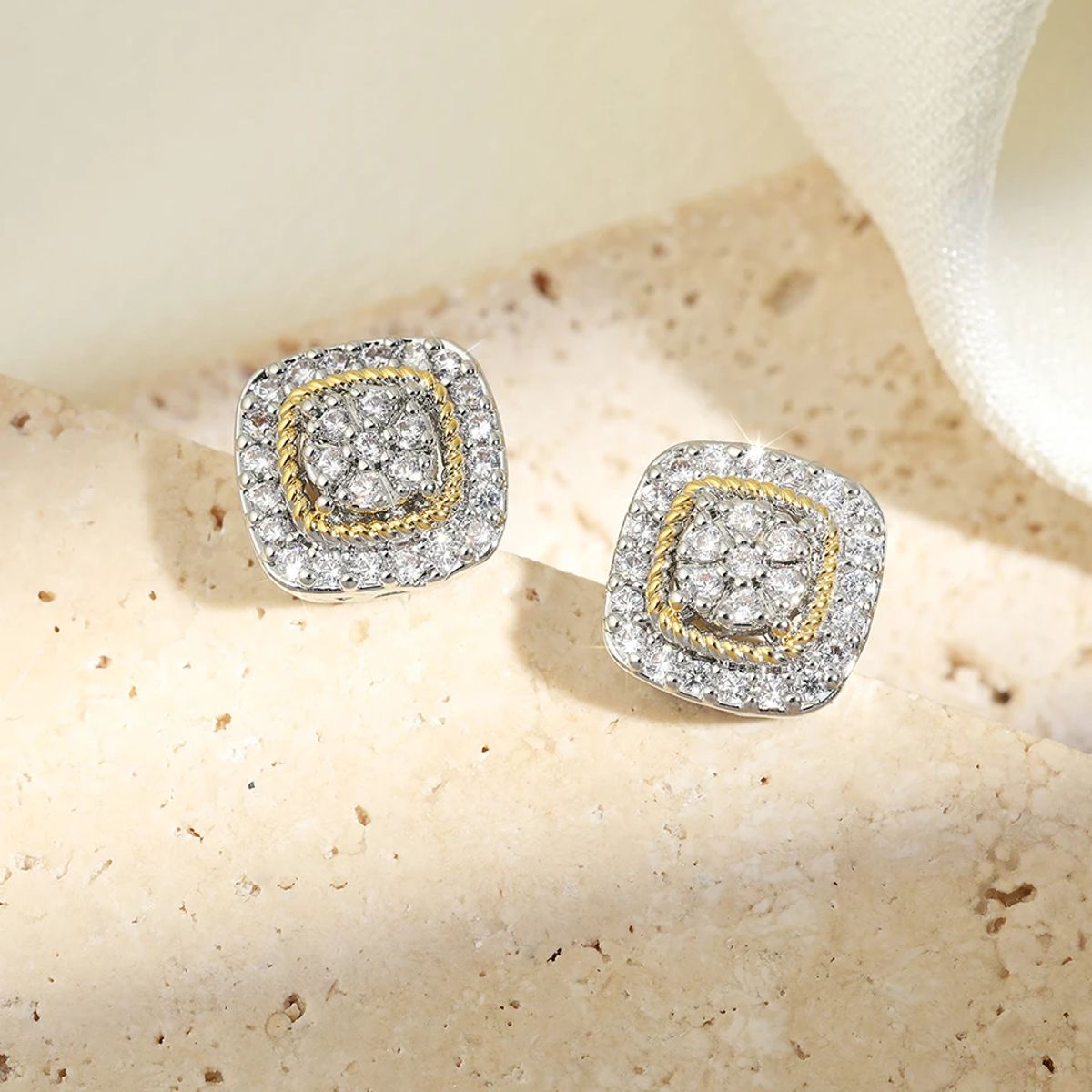 Geometric Sugar Cube Stud Earrings with Zircon Inlay for Women