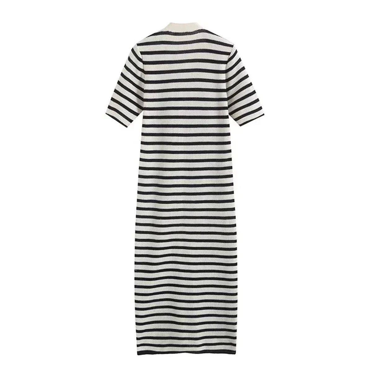 Elegant Striped V-Neck Knitted Midi Dress with Buttons Elegant Striped V-Neck Knitted Midi Dress with Buttons