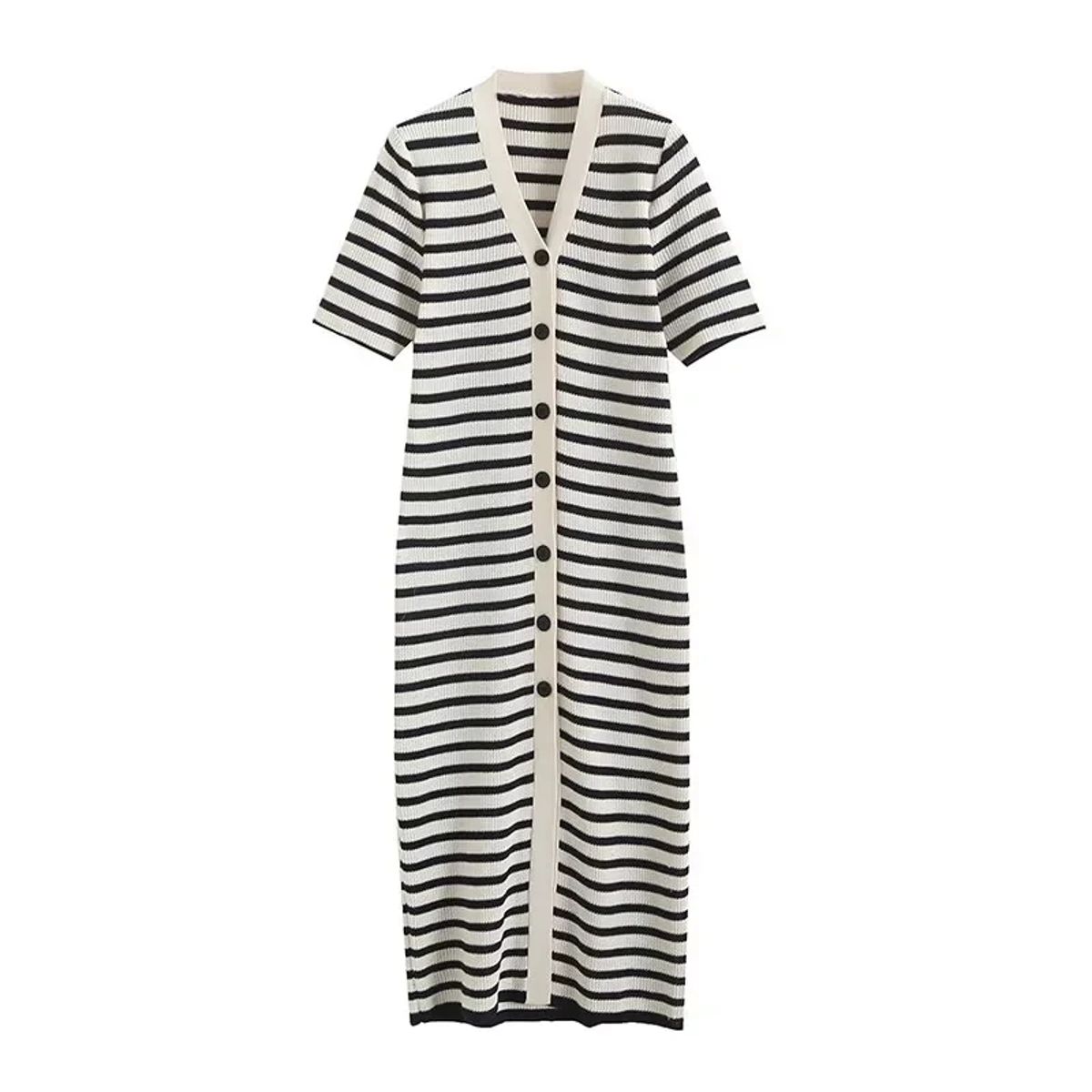 Elegant Striped V-Neck Knitted Midi Dress with Buttons Elegant Striped V-Neck Knitted Midi Dress with Buttons