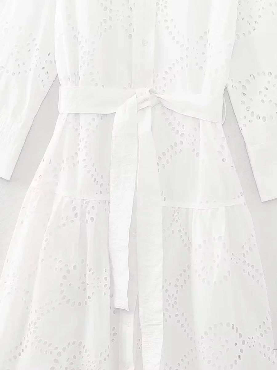 Women's Embroidered Shirt Dress Retro Lapel Long Sleeve Midi Chic Female Fashion with Belt