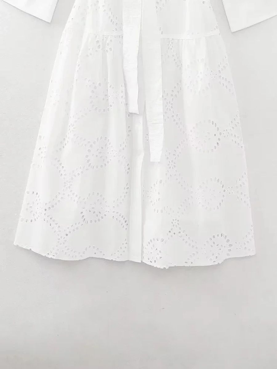 Women's Embroidered Shirt Dress Retro Lapel Long Sleeve Midi Chic Female Fashion with Belt