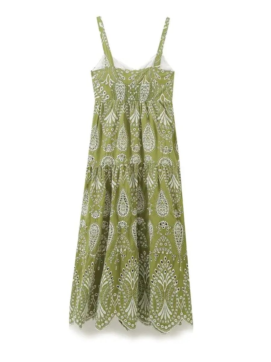 Elegant V-Neck Embroidered Midi Dress for Effortless Vacation Style