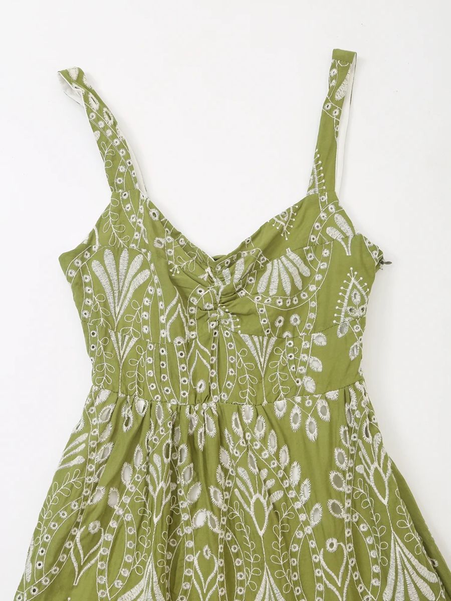 Elegant V-Neck Embroidered Midi Dress for Effortless Vacation Style