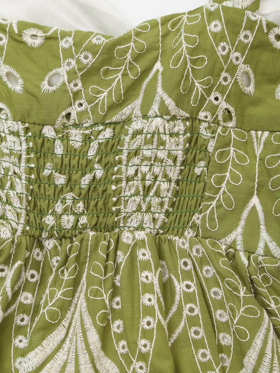 Elegant V-Neck Embroidered Midi Dress for Effortless Vacation Style