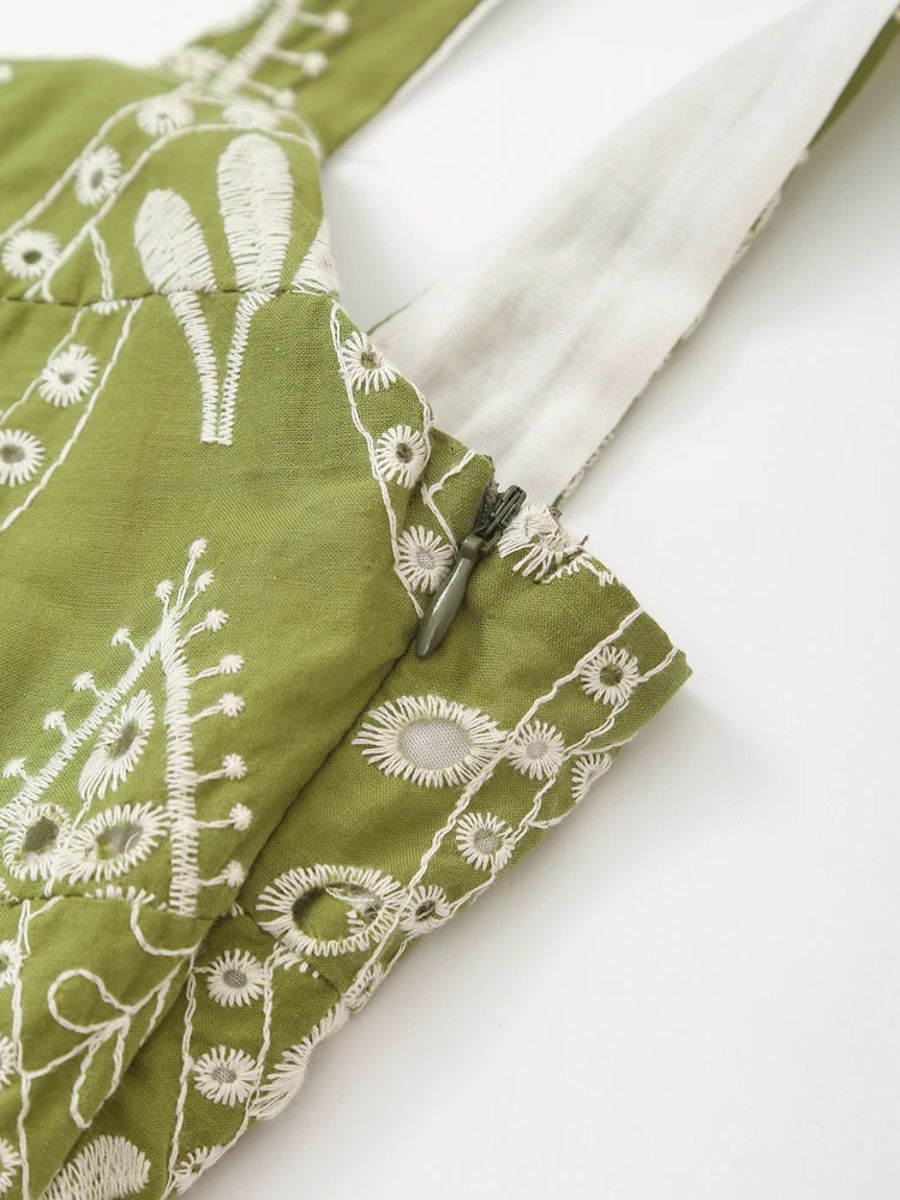 Elegant V-Neck Embroidered Midi Dress for Effortless Vacation Style