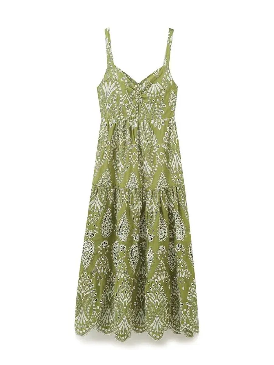 Elegant V-Neck Embroidered Midi Dress for Effortless Vacation Style