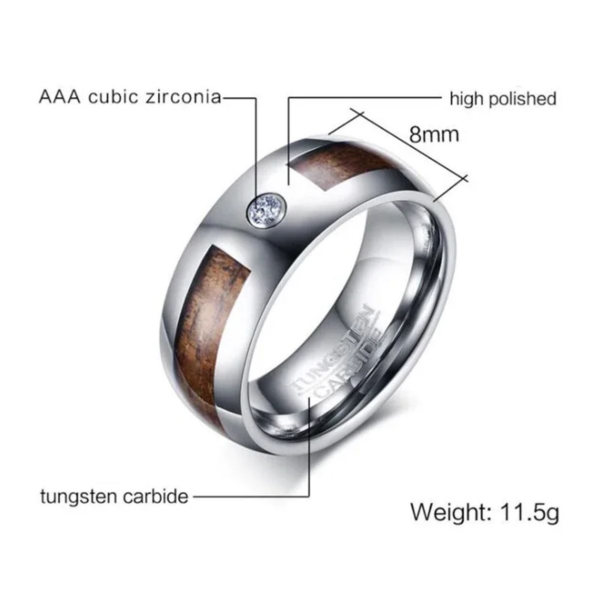 Vintage Wood Inlay Tungsten Carbide Ring for Men, 8mm Tigrade - Men's Rings 3