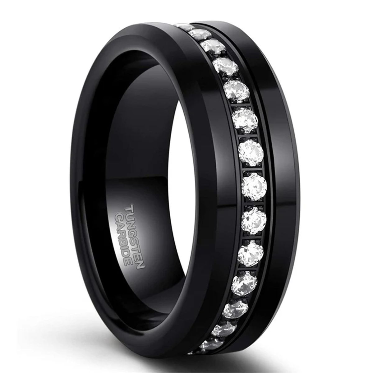 Men’s 8mm Tungsten Wedding Band with Simulated Diamond Inlay Tigrade - Men's Rings