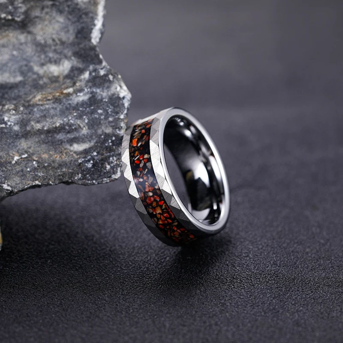 8mm Tungsten Wedding Band with Dinosaur Bone & Metal Slag Tigrade - Men's Rings 1
